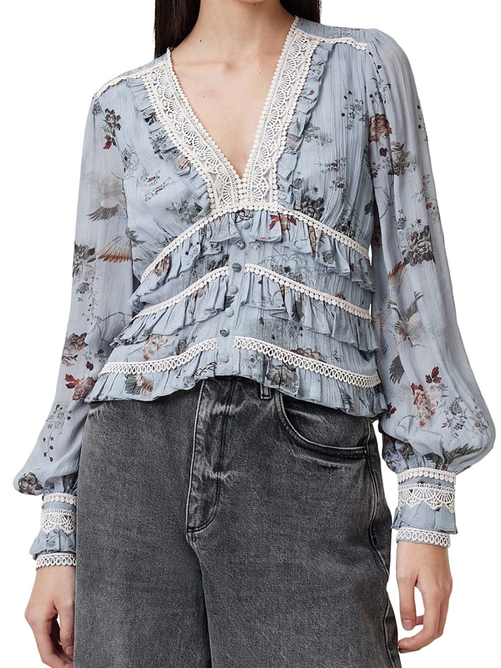 New All Saints Zora Ruffled Blue Blouse Top Size 8
